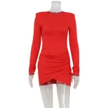 French Style Long Sleeve Dress Elegant Fitted Design Asymmetrical Hem Ruffled Details Perfect fo