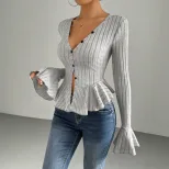 Elegant Womens T Shirt V Neck Ruffle Hem Slim Fit Spring Summer Fashion Wholesale Available