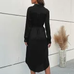 Elegant Black Long Dress Shirt Collar Autumn Winter European and American Style Perfect for Offi