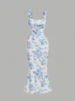 Summer Womens Bodycon Dress Blue and White Porcelain Print Backless Strapless Mermaid Hem Perfec