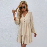Loose Fit Long Sleeve Dress Cotton Linen Blend Apricot Color Casual Style Wholesale Available