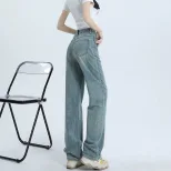 美式直筒牛仔裤女春秋设计口袋休闲阔腿长裤小个子梨形身材拖地裤