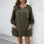 Casual Long Sleeve Dress Button V Neck Loose Fit Solid Color Minimalist Style for Everyday Wear