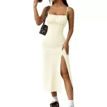 Womens Casual High Waisted Split Midi Dress Simple Design Adjustable Straps Slim Fit Spring Summ
