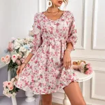 Floral Print Womens Dress Spring Ruffled Trim Tie Waist Color Block Design Casual Wear Wholesale