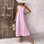 Loose Fit Sleeveless Round Neck Dress Solid Color Straight Cut Comfortable Fabric Casual Summer