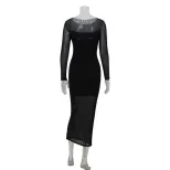 Elegant Long Sleeve Bodycon Dress with Round Neck and Sheer Mesh Panels Perfect for Red Carpet E