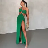 Sleeveless Asymmetrical Dress Solid Color Sexy Backless Long Length Ruched Design Side Slit Even