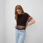 Color Block Heart Mesh Panel T Shirt for Women Short Sleeve Y2K Style Cotton Fabric Summer Casua