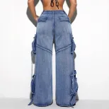 Womens Vintage Multi Pocket Stretch Casual Denim Overalls Retro Style European and American Fash