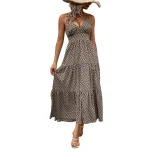 Summer Womens Khaki Geometric Print Maxi Dress Casual Beach Vacation Style factory direct