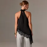 Summer Womens Satin Lace Panel Halter Neck Sleeveless Top Asymmetrical Design Small Stand Collar