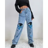 High Waisted Straight Leg Jeans Fashionable Print Trendy Style Casual Wear Wholesale Availabilit