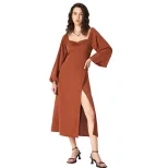 Elegant Midi Dress Square Neck Split Hem Autumn Winter French Style Perfect for Sophisticated Oc