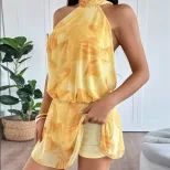 Womens Fashion Tie Neck Halter Mini Dress Yellow Floral Print Summer Vacation Style Wholesale Av