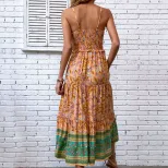 Bohemian Floral Print Ruffle Hem Maxi Dress Summer Style Lightweight Fabric Elegant Draping Whol
