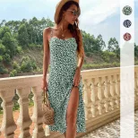 Elegant Floral Print Slip Dress Slim Fit Spaghetti Straps Side Slit Summer Occasion Wholesale Av