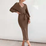 Knitted Sweater Dress for Women Lantern Sleeve Solid Color Autumn Winter Fashion