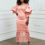 Off Shoulder Lace Trimmed Evening Dress Lantern Sleeves Elegant Design Perfect for Parties Whole