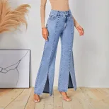 Womens Slim Fit High Slit Denim Pants Stylish Design Trendy Look Comfortable Fabric Perfect for