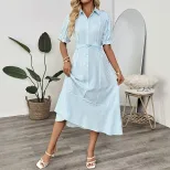 Striped Puff Sleeve Shirt Dress Summer Long Dress for Dating and Commuting Lightweight Stylish C