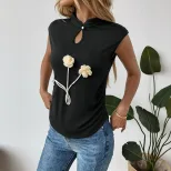 Sleeveless Black Floral Top Unique Chinese Style 3D Design Elegant Detailing Perfect for Casual