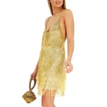 Elegant Sequin Evening Dress Bodycon Fit Spaghetti Straps Fringe Detail Perfect for Parties and