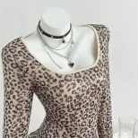Leopard Print Long Sleeve T Shirt Slim Fit Square Neck Trendy Design Casual Wear for Women Ready