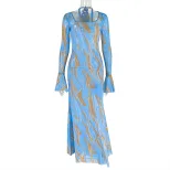 Tie Dye Maxi Dress Lightweight Sheer Slim Fit Flared Sleeves Casual Wear for Spring Summer Whole