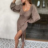 Leopard Print Long Sleeve Dress V Neck Ruched High Slit Autumn Fashion for Women Wholesale Avail