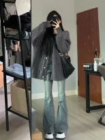 2023春秋美式复古微喇牛仔裤女高腰设计感小众百搭显瘦拖地长裤潮