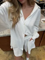 Womens Summer Two Piece Set Relaxed Fit Long Sleeve White Cardigan Towel Fabric Comfortable Home