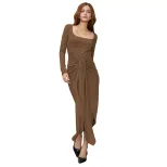 Long Sleeve Square Neck Dress High Waist Mid Length Elegant Style Autumn Winter Womens Fashion W