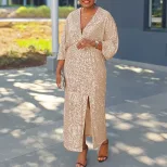 Plus Size Womens Long Dress Loose Fit V Neck Fashionable Sequins Side Slit Autumn Collection Who