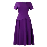 Summer A Line Dress Solid Color V Neck Short Sleeve Flowy Design Casual Wear for Women Wholesale