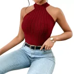 Summer Sleeveless Knit T Shirt Cross Neck Tie Design Solid Color Sexy Style Casual Wear for Wome