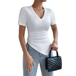 Womens Fashion Top Sexy V Neck Slim Fit Asymmetrical Hem Short Sleeve Stylish and Versatile for