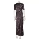 Elegant Womens Dress Satin Lace Panel V Neck Hollow Out Polka Dot Print Mid Length Sleeve Perfec