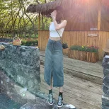 百搭复古开叉牛仔裙慵懒休闲感中长款高腰显瘦直筒半身裙女小个子