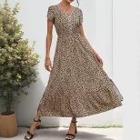 Elegant Leopard Print Maxi Dress with Lace Trim V Neck Flowy Silhouette Versatile Style Perfect