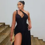 Fashionable Womens Bodycon Dress Solid Color Asymmetrical Hem Side Slit Off Shoulder Sexy Backle