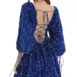 Plus Size Loose Sequin Mini Skirt Dress Short Sleeve Square Neck Solid Color Flared Hem Summer C