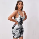 Tie Dye Print Bodycon Mini Dress with Sleeveless Design Slim Fit Sexy Style for Spring Summer Wh