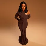 One Shoulder Long Sleeve Bodycon Dress Hollow Out Round Neck Solid Color Tie Detail Elegant Even