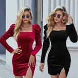 Velvet Long Sleeve A Line Dress Slim Fit Square Neck Split Hem Lantern Sleeves Autumn Winter Occ