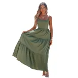 Green Backless Tie Back Maxi Dress Flowy Silhouette Vacation Style Beachwear Wholesale Available