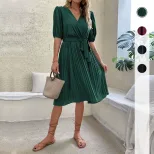 Summer Green Ruched Dress V Neck Tie Detail Fashionable Design Perfect for Casual Outings Wholes