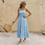 Blue Strapless Maxi Cake Dress Fresh Vacation Style Perfect for Summer Events Wholesale Availabl