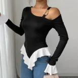 Black One Shoulder Top with Metal Ring Detail Asymmetrical Hem Ruffled White Trim Spring Summer