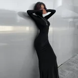 High Neck Long Sleeve Bodycon Dress Elegant Solid Color High Waist Slim Fit Perfect for Autumn a